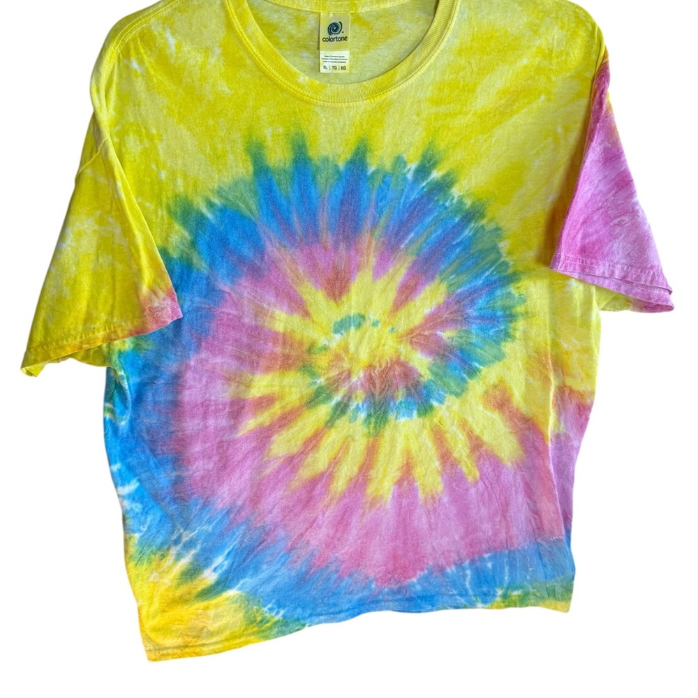 Colortone Adult XL Tie Dye Spiral Rainbow Boho Hippie T-Shirt Yellow Pink Blue